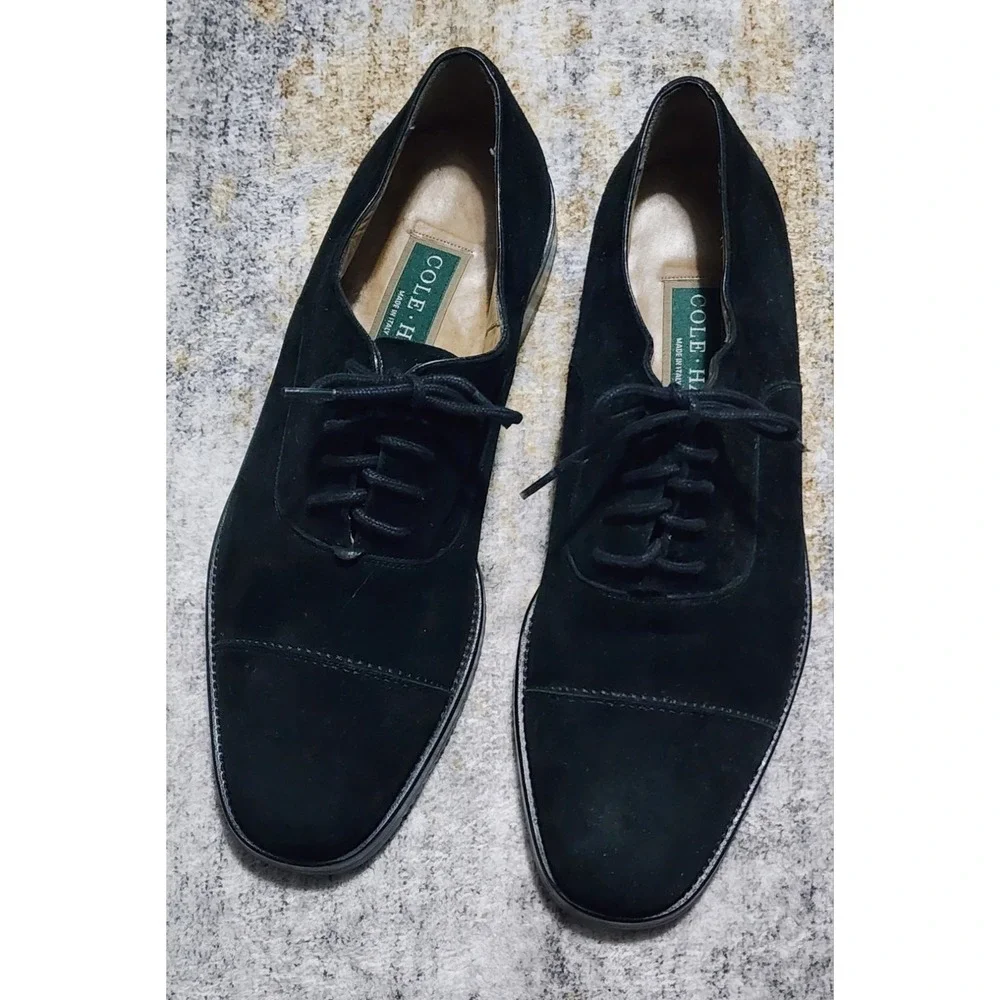 Vintage Cole Haan Men's Black Cap-Toe Suede Oxfords Dress Shoes Size 9.5 D